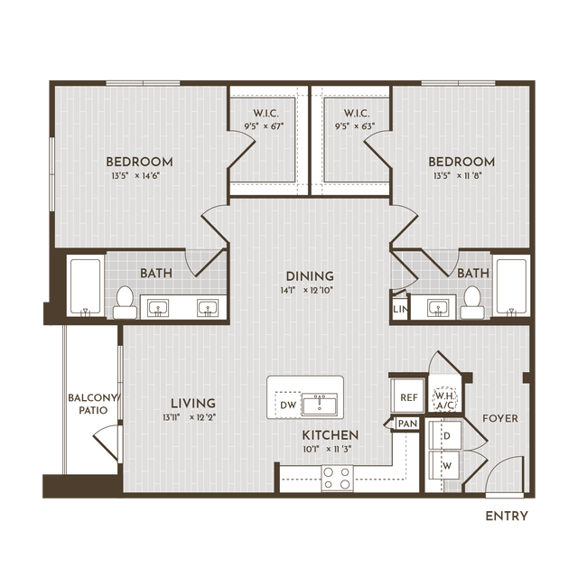 2BR 2BA (1227 SF) 10101 floor plan